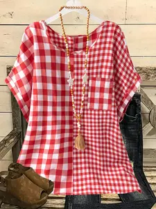 Plus Size Women's Elegant Casual Style Short Sleeve Shirt, Spliced Checkered Design with Round Neck, Trendy Summer Blouse Top Plaid