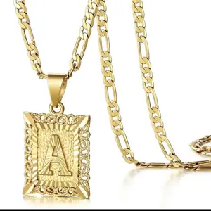 Gold Plated Initial Necklace with Diamond Cut Charm - 24 Inch Chain heart  chain