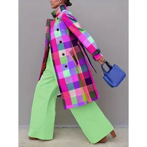 [Multicolor Trench Coat] Vibrant Multicolor Women's Elegant Plaid Print Belted Trench Coat |   Mid-Length Windbreaker with Pockets, Machine Washable for Casual & Formal Outfits, Structured Design, H-Silhouette