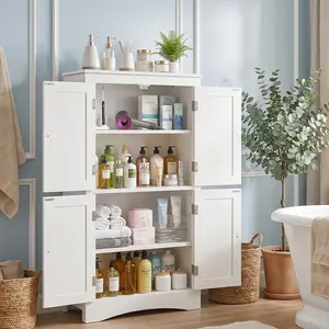 Gizoon 43" Floor-Mounted White Indoor Storage Cabinet - Modern Kitchen Cabinet, Easy Access 4-Magnetic-Door Organizer, Full-Size Tall Cupboard with Adjustable Shelves for Living Room, Modern Kitchen Cabinets, Easy Access Cabinets
