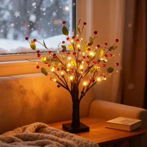 1-Pack Battery-Operated Decorative LED Tree Lights - Artificial Red Fruit Plastic Tree with Red Berry Accent, LED Like Glow, Indoor Use Party Christmas Home Decor for Quick Scene Upgrade