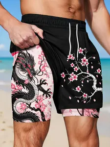 Men's Traditional Cherry Blossom Dragon Pattern 2-In-1 Gym Shorts, Anti-Chafing Lining, Breathable Summer Beach Pants, Gym Running