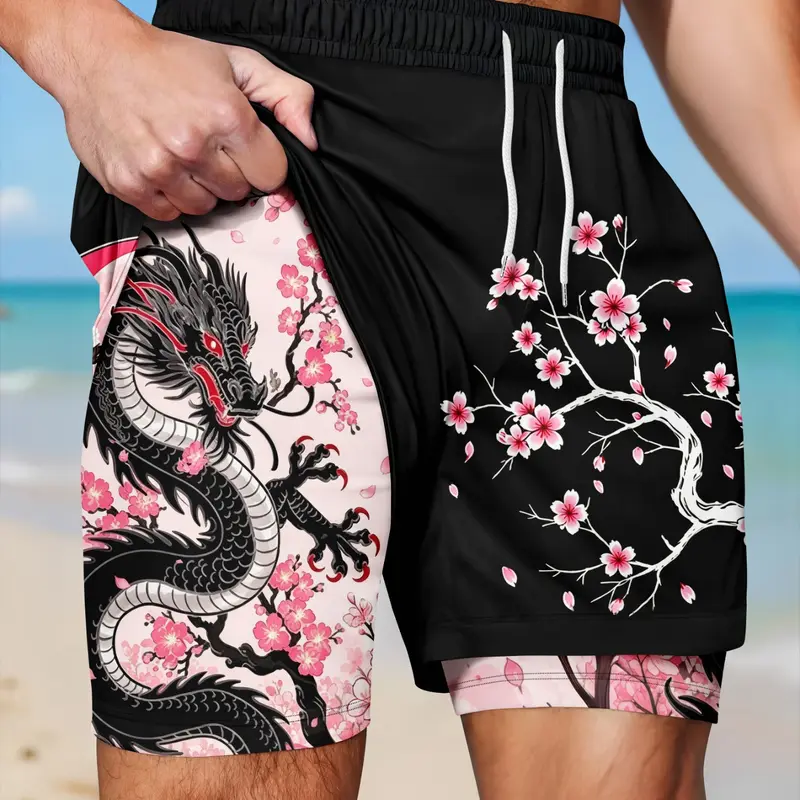 Men's Traditional Cherry Blossom Dragon Pattern 2-In-1 Gym Shorts, Athletic Wear Shorts, Gym Workout Shorts, Summer Sport Shorts, Anti-Chafing Lining, Breathable Summer Beach Pants, Gym Running