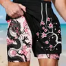 Men's Traditional Cherry Blossom Dragon Pattern 2-In-1 Gym Shorts, Athletic Wear Shorts, Gym Workout Shorts, Summer Sport Shorts, Anti-Chafing Lining, Breathable Summer Beach Pants, Gym Running