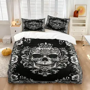 2/3Pcs Skull Print Decorative Duvet Cover Set, Gothic Baroque Style Bedding Set, Comfortable, Multiple Sizes, Bedroom Bedding Set, Suitable for Adult Men and Boy  Bedding Decor
