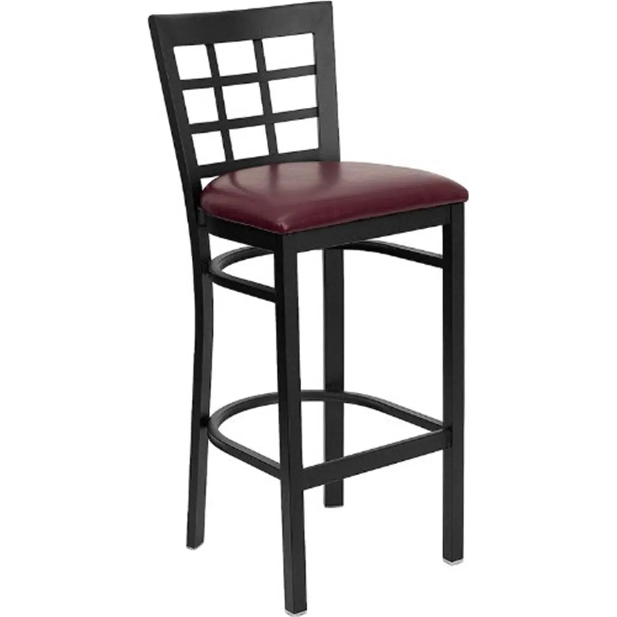 212 MAIN Black Window Back Metal Bar Stool with Burgundy Vinyl Seat, Heavy Duty, Welded Joints, Steel Frame