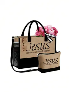 "JESUS" Letter Pattern Canvas Tote Bag with Shoulder Strap, Faith Over Fear Christian Large-Capacity Linen Tote Bag with Makeup Pouch, Christian, Express Your Faith, Letter Print Shoulder Bag, Women's Casual Handbag