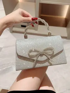 Women's Elegant Glitter Evening Bag, Exquisite Bow-Decorated Shoulder Clutch Purse, Fashionable Bag for Parties & Weddings