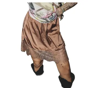 My Lace Skirt Short - Brown Satin with Lace Hem and Elastic Waistband for Comfortable Wear