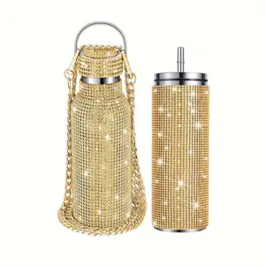 dd  2pcs, Glitter Sparkling Studded Vacuum Flasks, 600ml/20oz Stainless Steel Insulated Water Bottles Set, Travel Thermal Cups, For Hot And Cold Beverages, Summer Winter Drinkware, Gifts (Golden)  kk