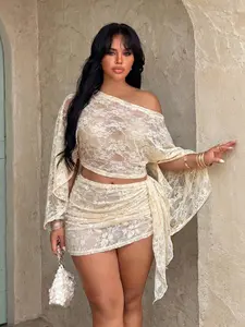 Rustia Plus Size Women's White Sequin 2-Piece Set,Asymmetrical Off Shoulder Loose Sheer Lace Blouse & Tie-Up Skirt For Summer,Beach,Vacation,Holiday Resort