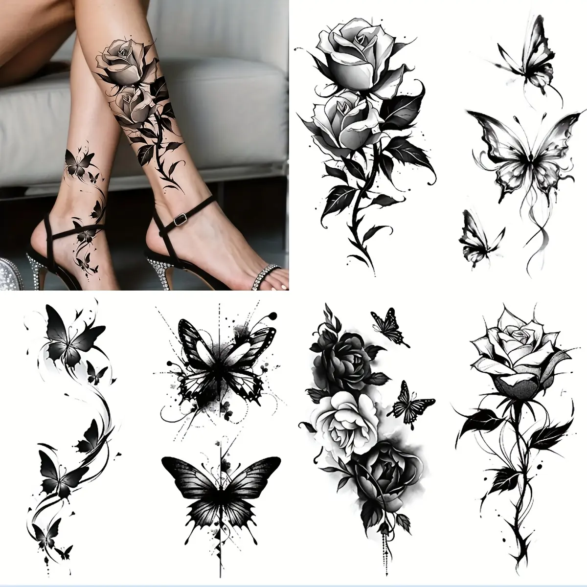 6 Sheets Black Butterfly and Flower Temporary Tattoos for Women - Waterproof, Long-Lasting Arm & Leg Body Art Stickers with Rose and Butterfly Designs, Tattoo Transfer Paper Design, Tattoo Stencil for Women, Tattoo Stencil Women, Fake Tatto,,  Party