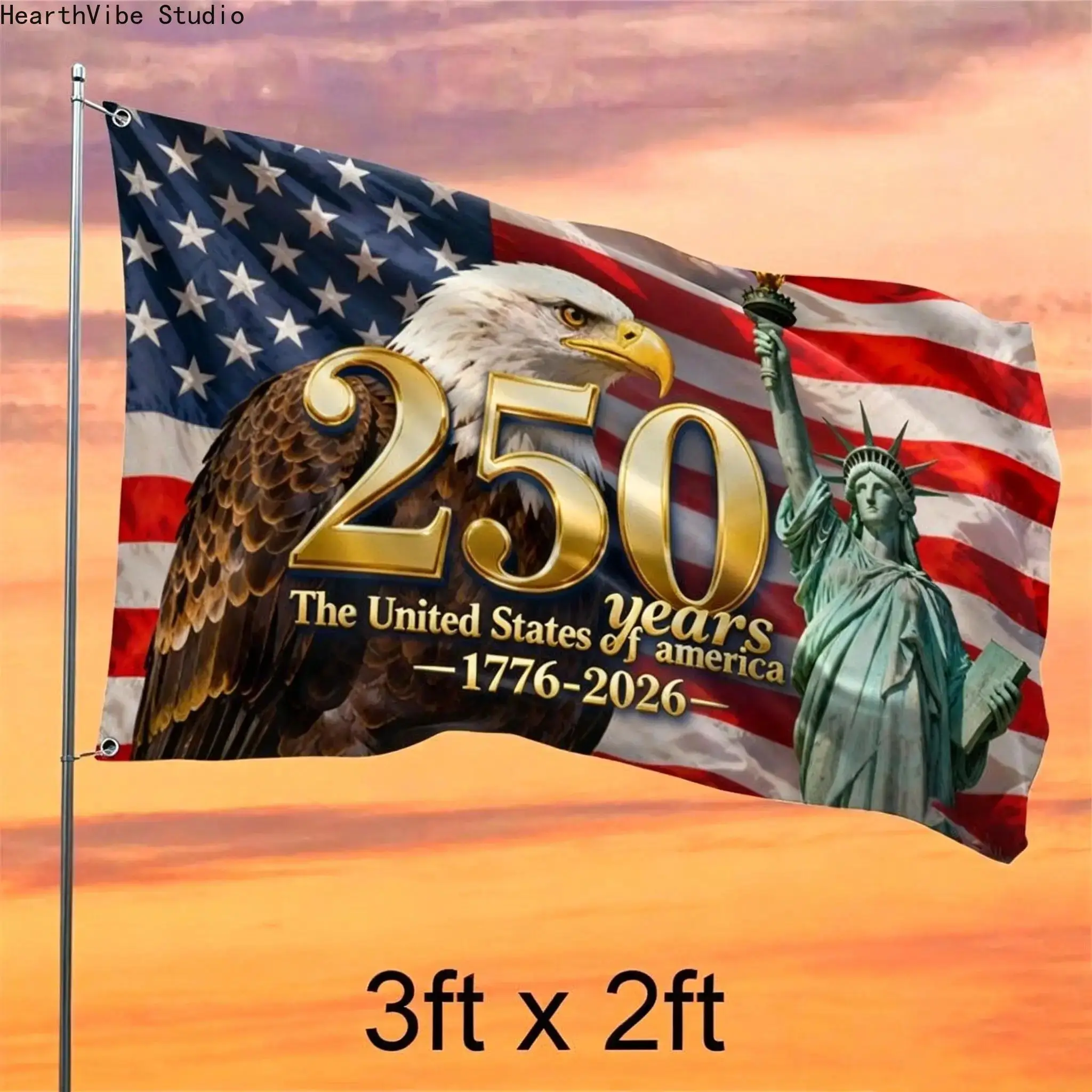 America 250th Anniversary Flag 1776-2026, Lightweight Fast-Dry Polyester Patriotic Banner with Stars & Eagle Art, Quick-Install Holes, Outdoor Yard Decor for 4th of July Supplies