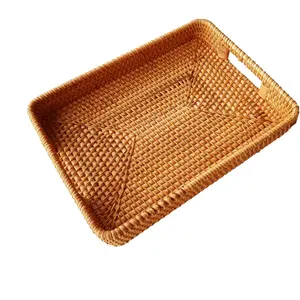 13 Inch Handcrafted Serving Tray Rectangle Rattan Display Tray with Cutout Handles and 2" Wall,Wicker Ottoman Coffee Table Decor Basket Tray Organizer Platter for Snack, Candy, Fruit,S