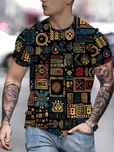 Ethnic Cultural Style Print Short Sleeve Men’s T-Shirt, Casual Streetwear Trendy Summer Top, Fitted Graphic Tee for All Seasons