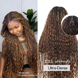 JALIZA precut  HD LACE 121 strands Human hair boho curls full lace Tangleless Knotless Boho Box Braid Wig Glueless wig super high density full hd Black Wavy