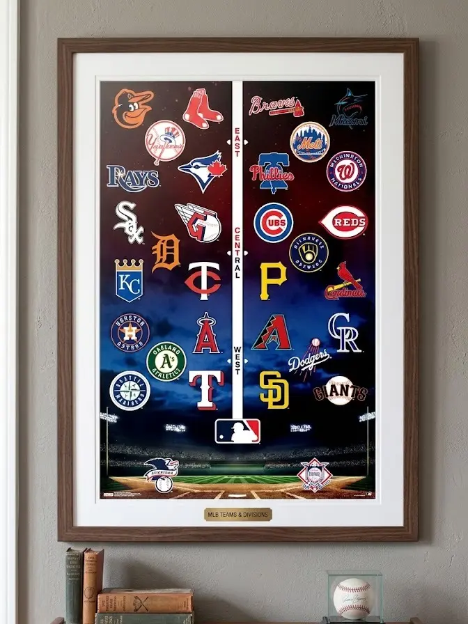 Baseball League Poster | Teams & Divisions Print | Stadium Wall Art | Sports Decor | Fan Cave Gift