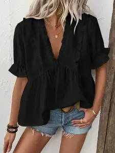 Women's Plain  V Neck Blouse, Casual Short Sleeve Top Fit for Summer, Women's Clothing for Daily Wear
