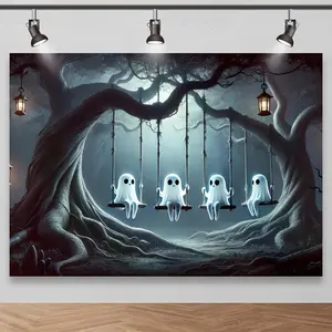 White Polyester Fabric Photoshoot Backdrop - Enchanted Ghosts on Swing, Mysterious Lantern-Lit Forest Design, Halloween Spooky Event Decor, Versatile for Indoor/Outdoor Use