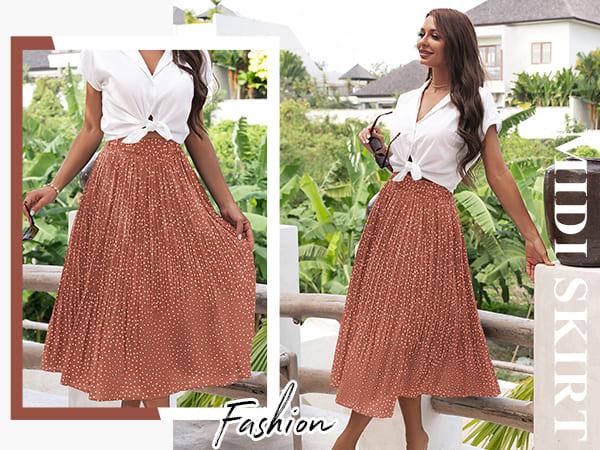 Zeagoo Women's Midi Skirts High Waisted Pleated A-Line Swing Skirts Summer Floral Long Skirts with Pockets