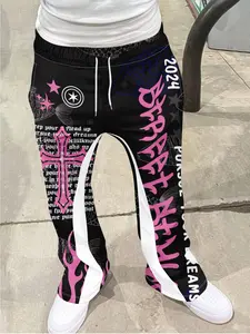 Vintage Men's Printed Loose Bell Bottom Pants, Drawstring Sportswear Long Pants, 3D Soft Breathable Fabric, Casual Daily Wear, Breathable Athletic Bottoms
