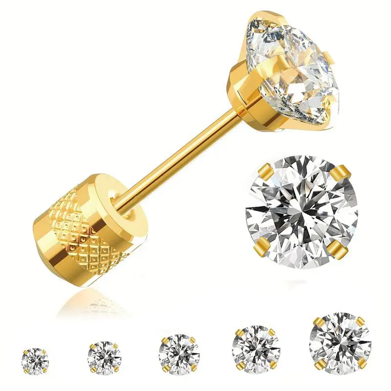 5 Pairs/ Pair Screw Back Stud Earrings,14k Gold Plated Hypoallergenic Stainless Steel Cubic Zirconia Double Sided Ear Ringing for Women Men Cartilage Tragus Earring 2-6mm