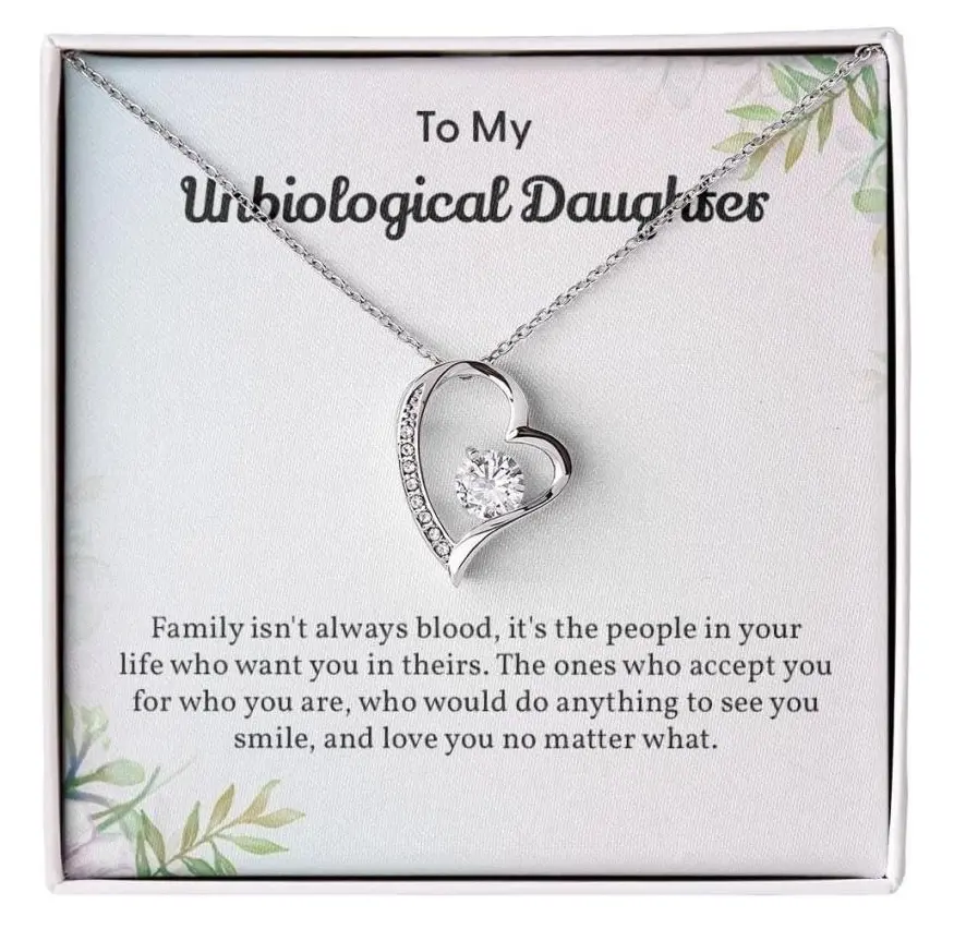 Gift For Women, To My Unbiological Daughter Necklace With Message Card And Box Jewelry Gift For Stepdaughter From Parents Forever Love Heart Necklace For Unbiological Daughter.