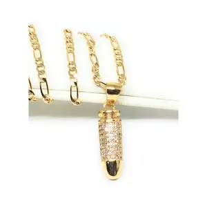 Gold Plated Iced Out CZ 6mm BULLET PENDANT 24" FIGARO Chain