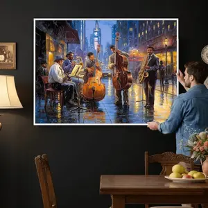 [Sale off up to 50%] [Free ship] [Frame] African American Harlem Jazz Wall Art — Blue Gold Impressionist Street Musicians Canvas Print | Black Music Decor | Jazz Lover Gift