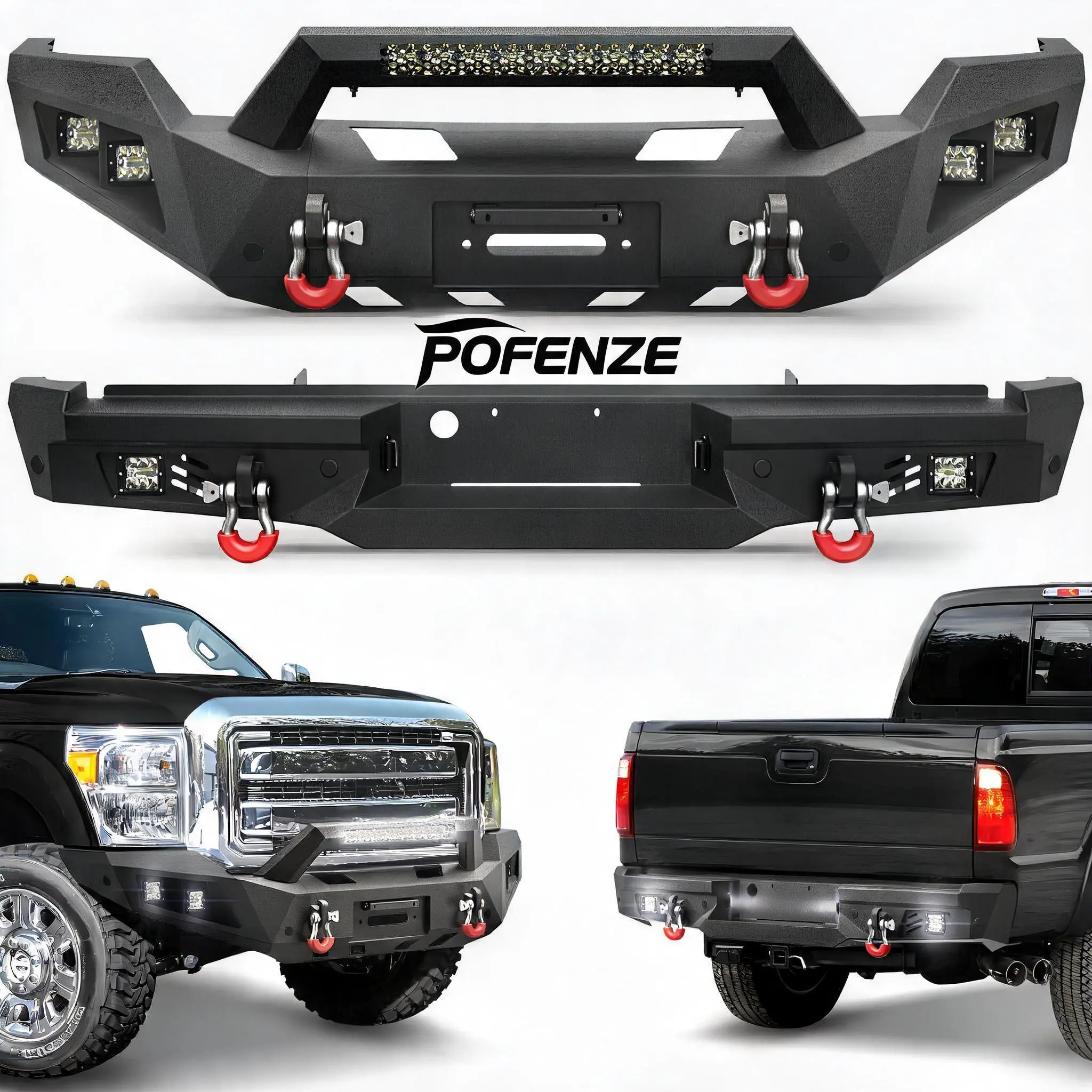 POFENZE-NADIA F250 Bumper Set Fit 2011-2016 Ford F250/F350/F450 Pickup | Steel Bumpers w/Winch Plate, LED Lights, D-rings and License Plate Bracket and Lights