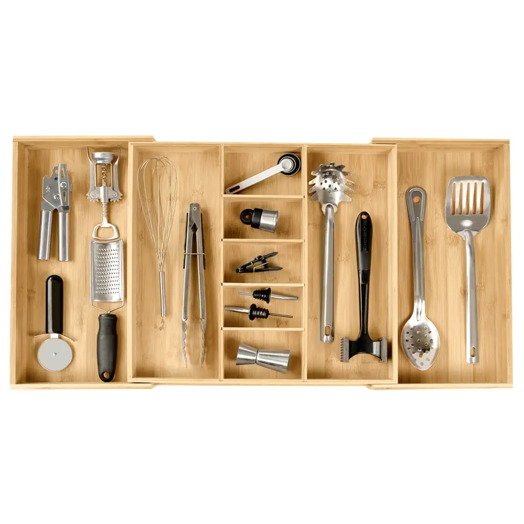 Premium Silverware, Flatware and Utensil Organizer for Kitchen Drawers, Food-Safe Contract Grade, Expandable from 18 to 33 In, Natural Bamboo