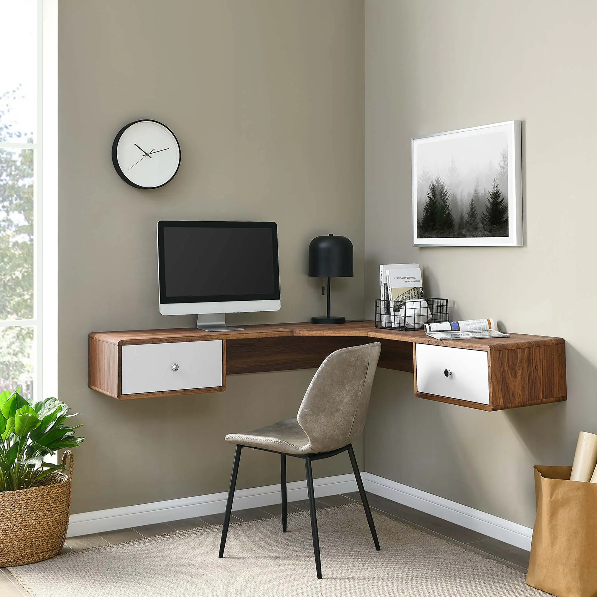 Modway Transmit 55" Wall Mount Corner Wood Office Desk in Walnut White