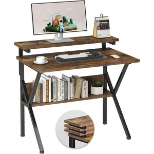 Small Desk, 27.5 Inch Small Computer Desk for Small Spaces, Computer Desk with Adjustable Monitor Stand, Compact Desk with Storage, Tiny Desk Study Desk for Bedroom Home Office, Rustic Brown