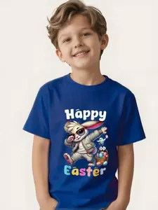 Boys Easter Bunny T-Shirt, Cute Graphic Tee, Short Sleeve Round Neck, Cute Rabbit and Egg Design, Casual Fit for All Seasons