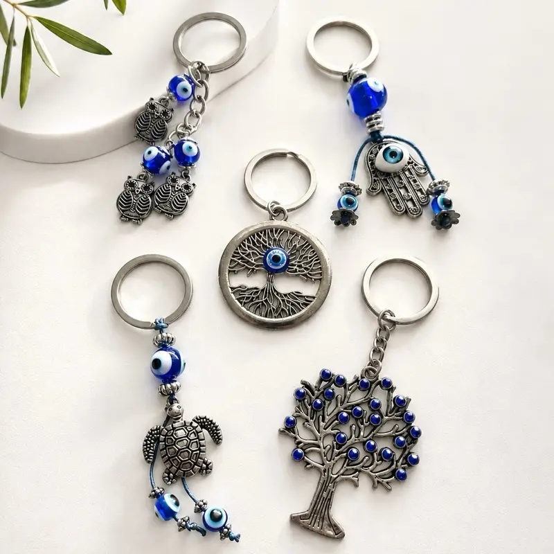 Evil Eye Protection Keychain Silver Tone Metal Key Ring | Owl Turtle Tree of Life Hamsa Hand | Lucky Charm Bag Charm Gift
