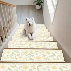 15pcs Rubber Anti-Slip Stair Treads with Botanical Pattern Print, Non-Slip Stair Carpets, Protective Step Rugs, Bordered Stair Mats for Home Decor, Indoor Room Accessories for Bedside, Suitable for Indoor/Outdoor Stairs, Wooden or Hard Surfaces