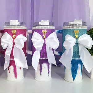 Rhinestone 40oz Tumblers Handcrafted by Drops of Glitz - Double Wall Stainless Steel - Includes Bow, Attachments, Sponge & Straw, Dynamic lid