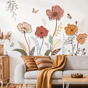 Boho Flower Wall Stickers Wildflower Floral Grass Peel and Stick Wall Art Decals for Living Room Bedroom TV Wall Decor Gift