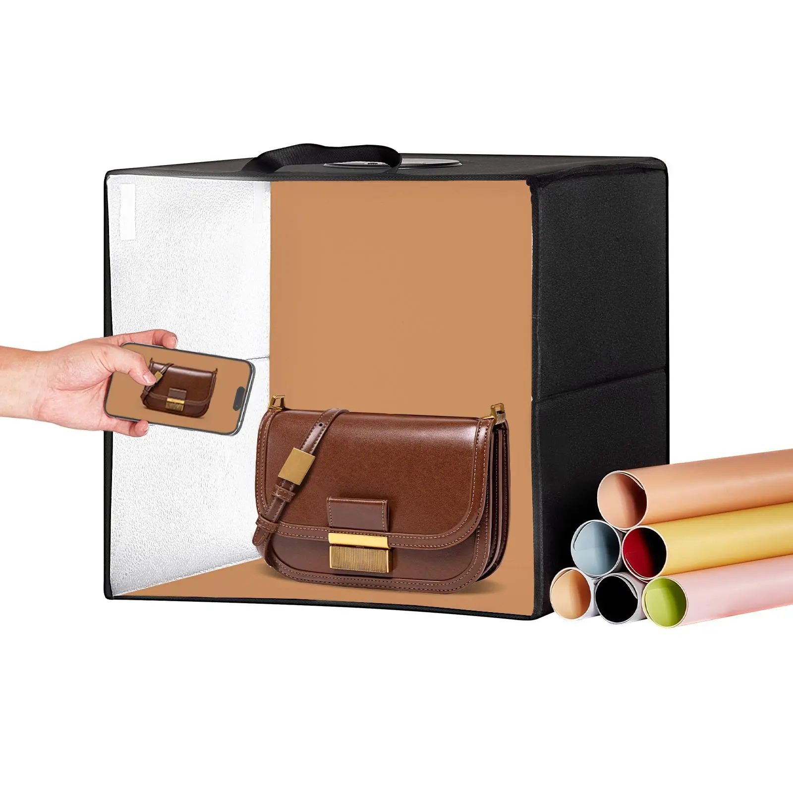 【summerfinds】VEVOR Photo Studio Light Box, 12" x 12", 3000-5600K Adjustable 3 Color Temperatures Professional Shooting Tent Kit with 120 LED 6 Double-Sided Color Backdrops, High CRI ≥ 95 for Small Size Products Accessories Colorful