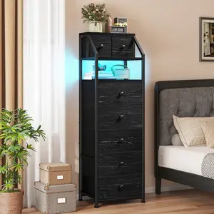 Raybee 6-7 Drawer LED Dresser & Nightstand, 51.2" H Modern Fabric Storage Tower with Open Wood Shelf, Metal Frame Bedside Table, Multi-Functional Bedroom Furnitur
