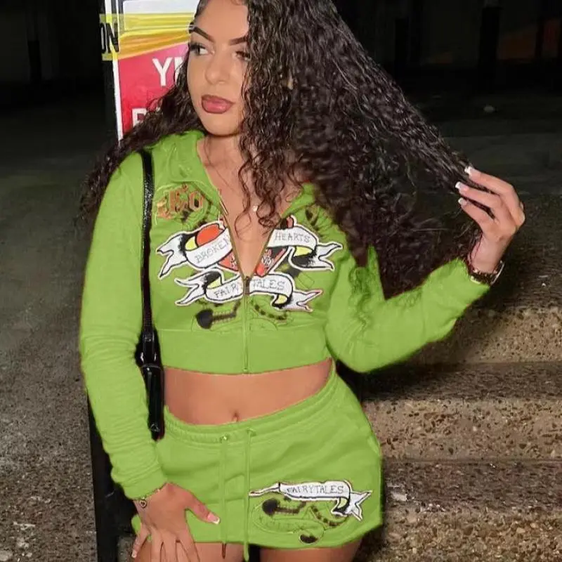 2025 new street hipster print long sleeve zipper short cardigan skirt set girly sets clothes womenswear casual suits