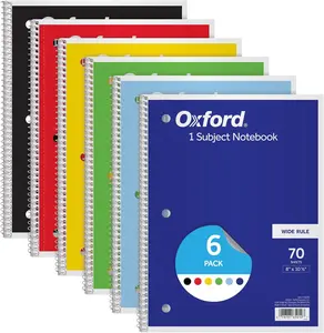 Oxford Spiral Notebook 6 Pack, Bulk Wide Ruled Spiral Notebooks for School, 1 Subject Journal, Wide Ruled Paper, 8 x 10-1/2 Inch, Blue, Yellow, Red, Light Blue, Green and Black, 70 Sheets (65010)