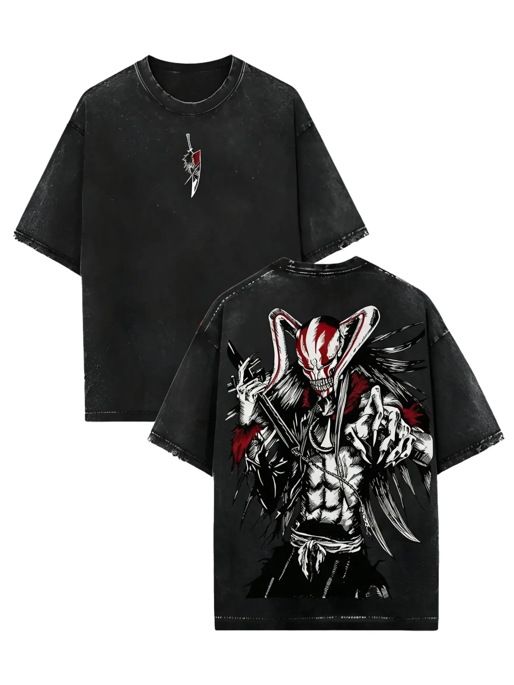 Vintage Acid Wash Anime Graphic Tee Oversized Ichigo Kurosaki Bleach Heavyweight T-Shirt Unisex Hollow Form Streetwear