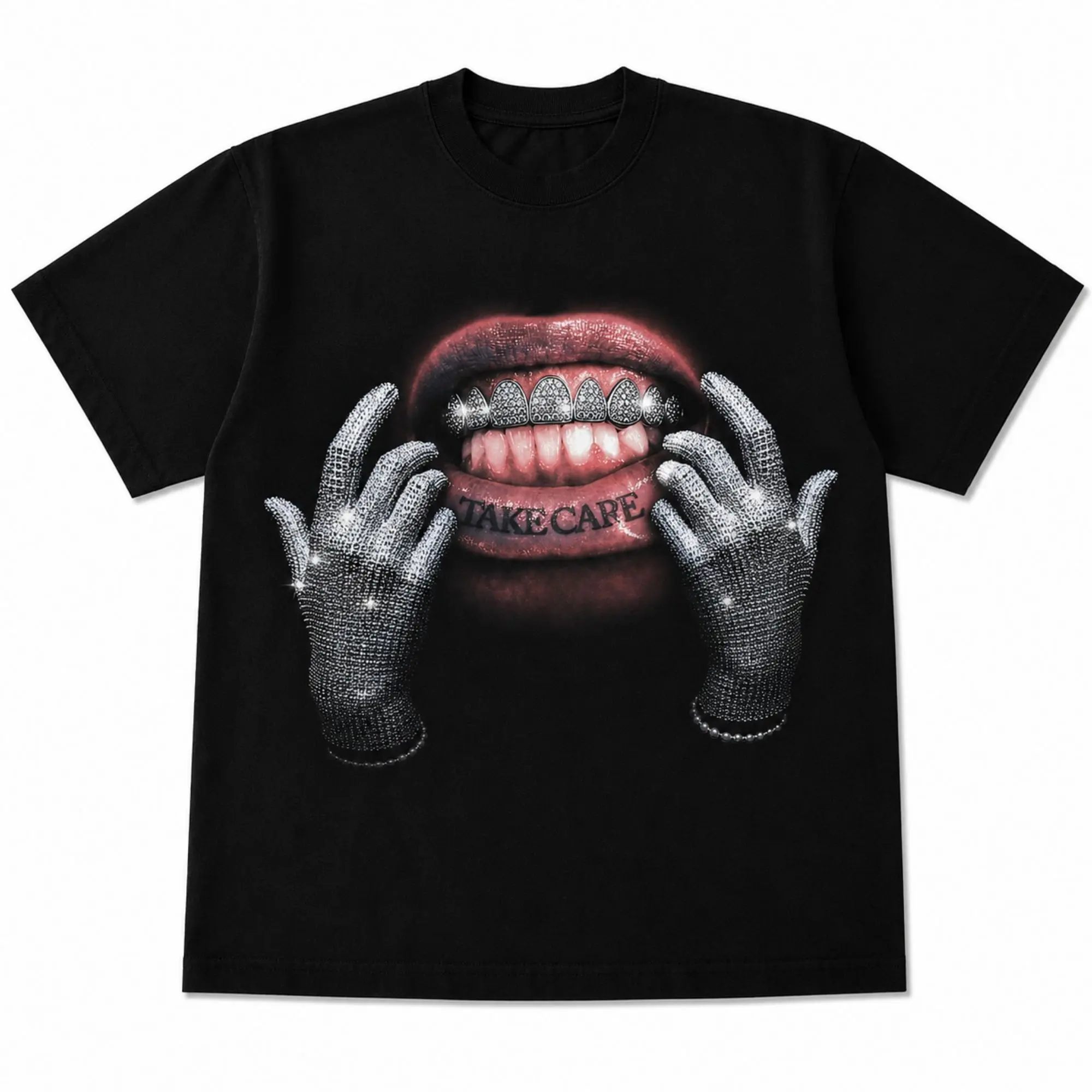 Y2K Rhinestone Diamond Grills Take Care Lips Graphic T-Shirt, Sparkly Glittering Gloves and Bling Open Mouth Text Portrait Print, Unisex T-Shirt Streetwear Tee For Men Women, Hip Hop Rap Fashion Outfit