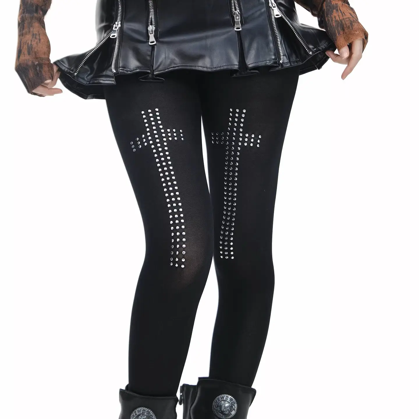 ALIELNOSIRRAH 'Riotcross' Dark Punk Cross Studded Rhinestone Tights Y2K Streetwear Gothic Club Festival