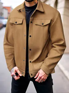 Men's Woven Jacket Coat Autumn Winter Casual Fitted Long Sleeve Button Front Shirt Pocket Design for Daily Wear & Outdoor Activities