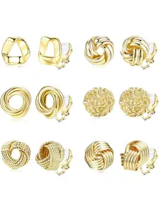 6 Pairs Clip on Earrings, Cubic Zirconia Pearl Knot Twist Design, Non-Piercing Ear Jewelry for Women, Elegant Daily Wear Accessories