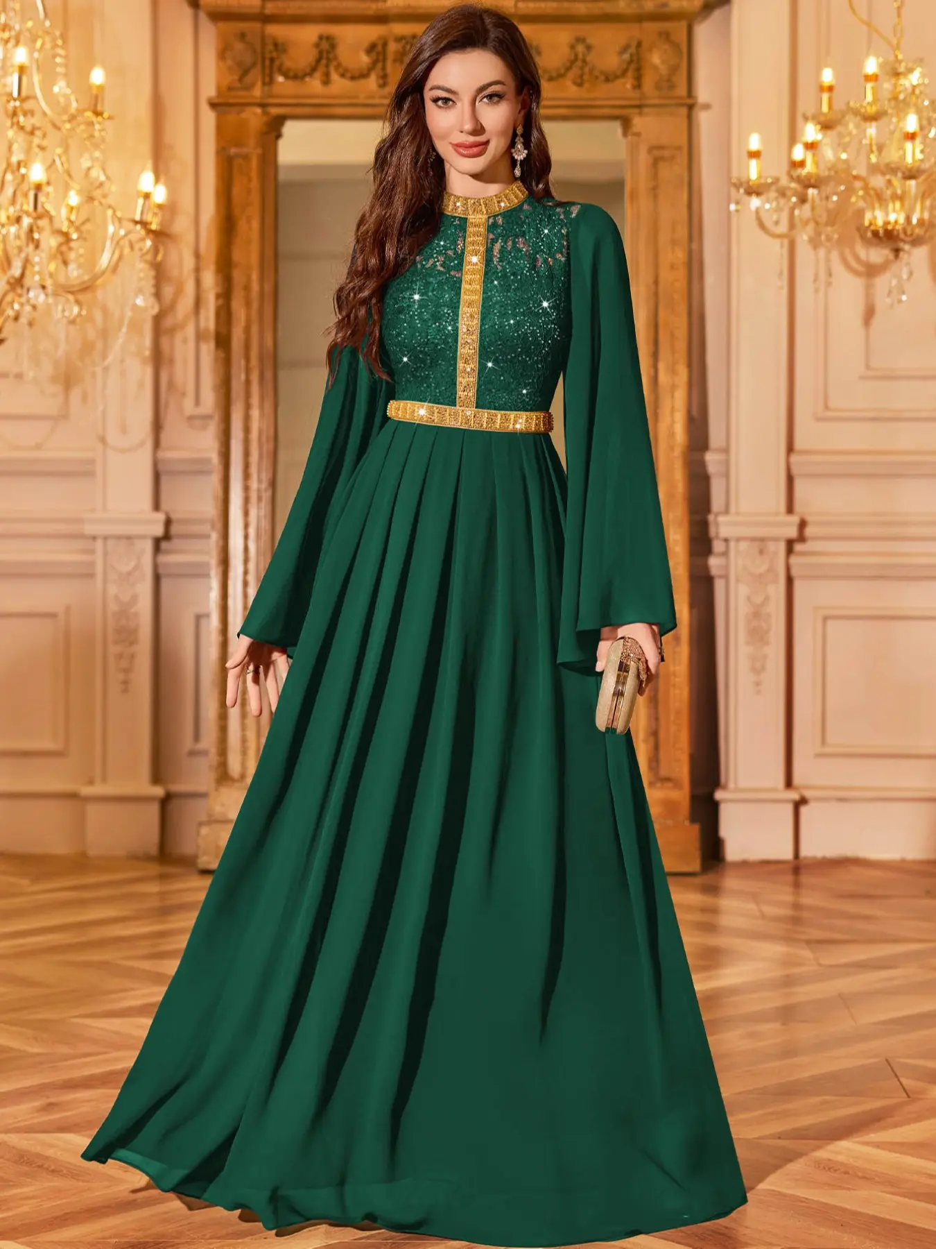 MIUSOL 85175A Sequin Floral Lace Contrast Chiffon Mock Neck Pleated Hem Long  Sleeve Elegant Evening Party Formal Maxi Dress - TikTok Shop