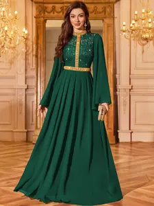 MIUSOL 85175A Sequin Floral Lace Contrast Chiffon Mock Neck Pleated Hem Long Sleeve Elegant Evening Party Formal Maxi Dress