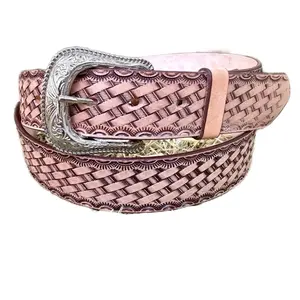 Men’s Leather Belt Western Genuine Leather Belt with Removable Buckle, 1.5" Wide, tooled Design